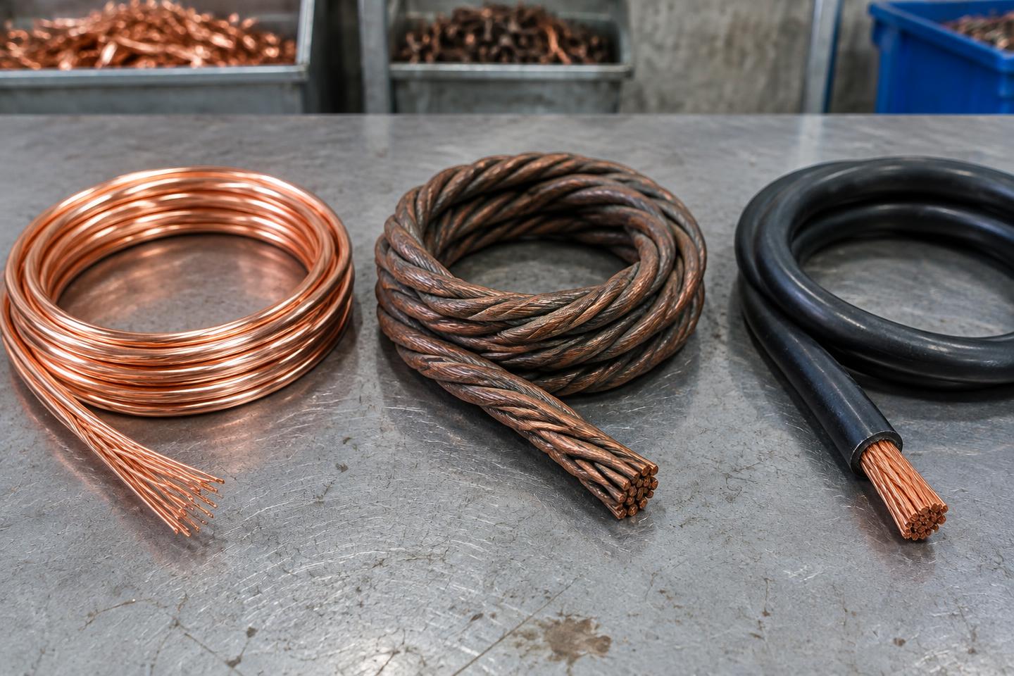 Illustration of bright bare copper, dark exposed copper strands, and plastic-jacketed copper cable arranged on a sorting bench